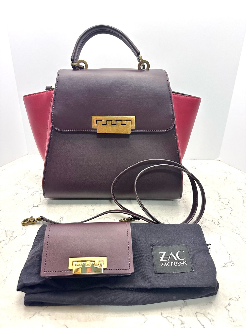 Zac Posen Eartha Iconic Satchel Handbag Wallet Set Two Tone Red Maroon Leather